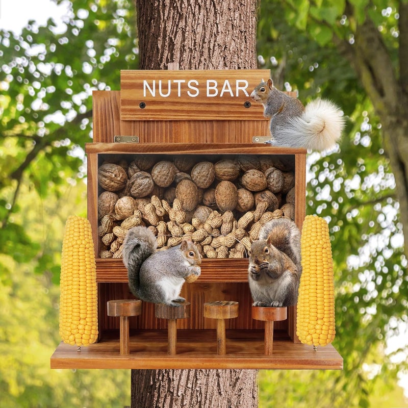 KOOPRO Squirrel Feeder for Outside Tree, Squirrel Picnic Table Feeder for Outdoors Corn Cob Peanut Feeder Funny Chipmunk House Nuts Bar Hanging Wooden Box - Image 3